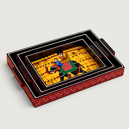 handcrafted wooden serving tray set of 3 | traditional elephant artwork trays | decorative tableware & home decor collection