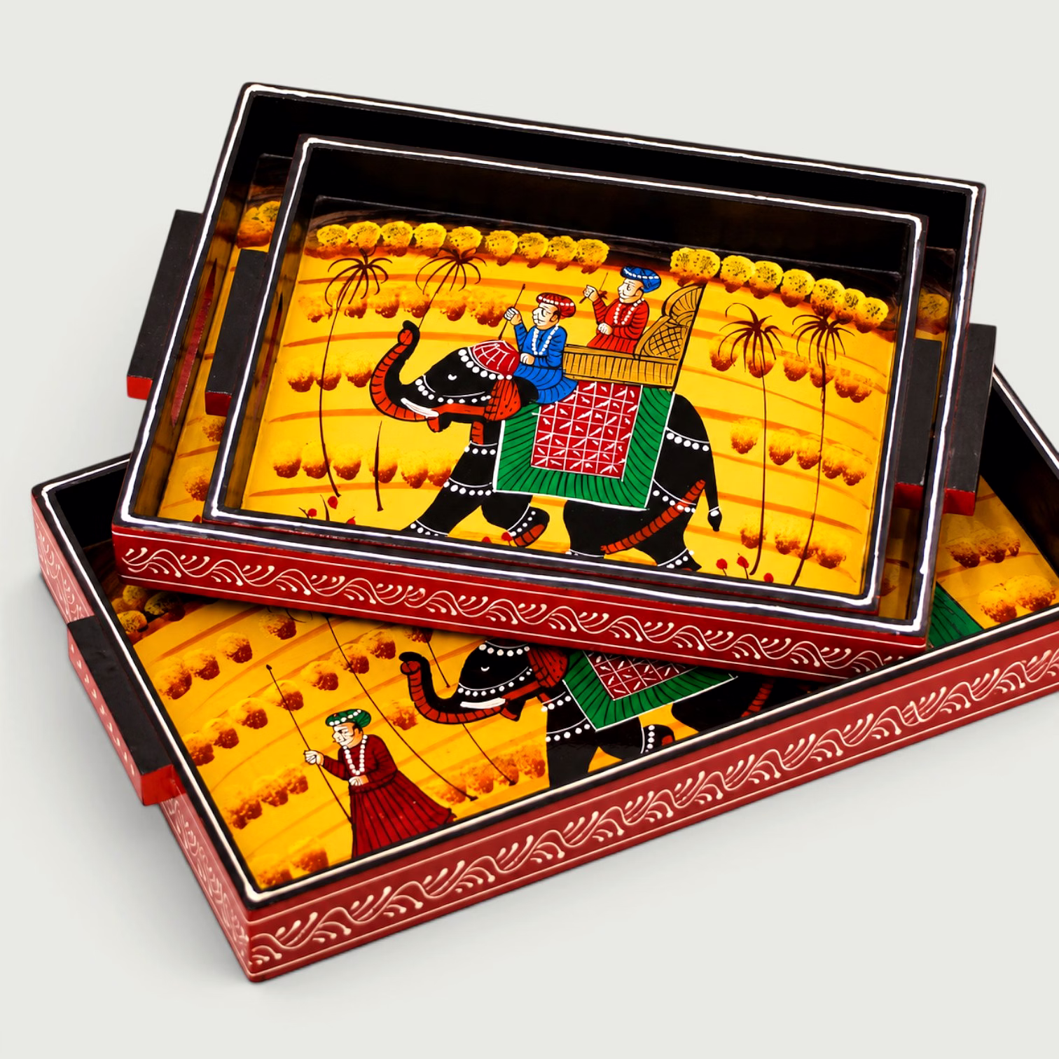 Handcrafted Wooden Serving Tray Set of 3 | Traditional Elephant Artwork Trays | Decorative Tableware & Home Decor Collection image 2