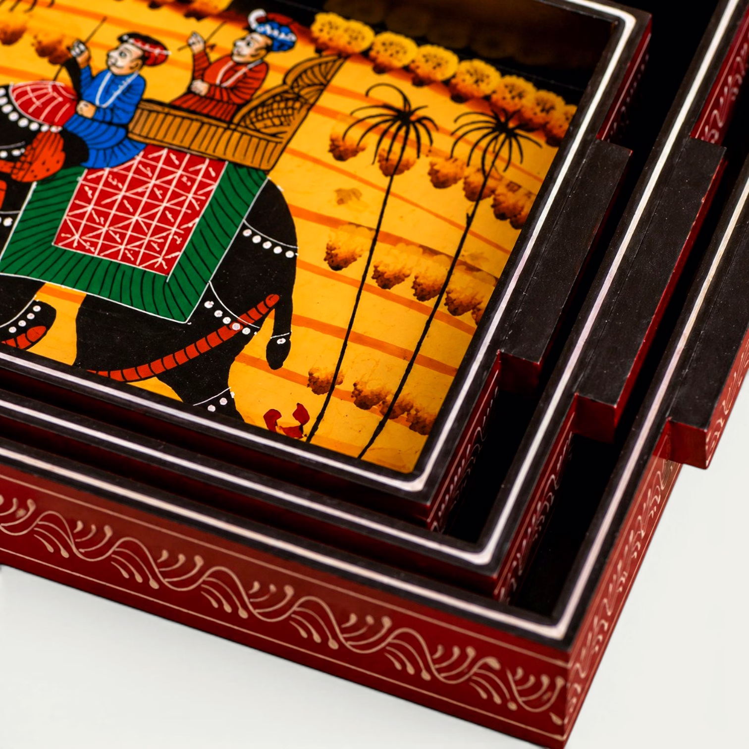Handcrafted Wooden Serving Tray Set of 3 | Traditional Elephant Artwork Trays | Decorative Tableware & Home Decor Collection image 3