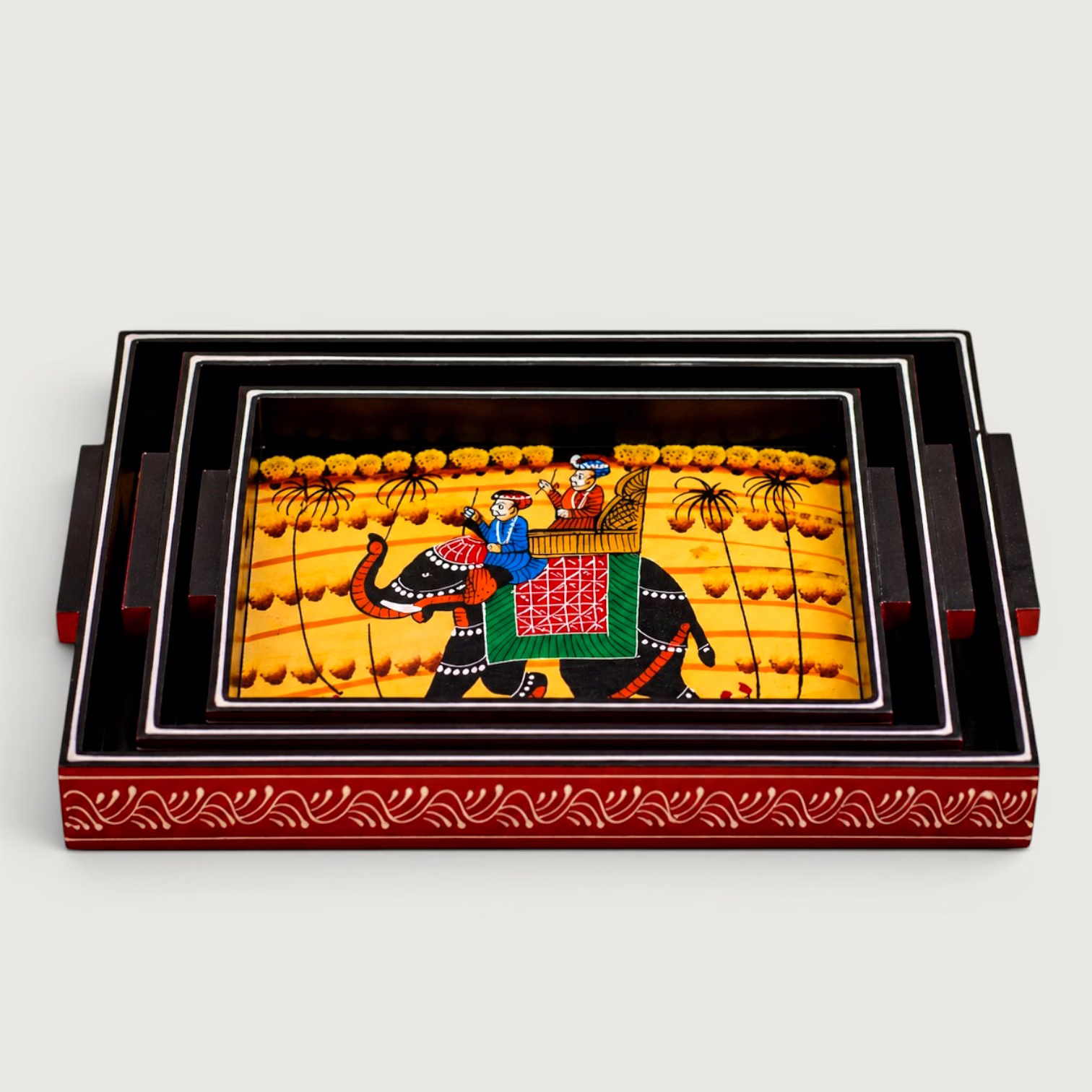 Handcrafted Wooden Serving Tray Set of 3 | Traditional Elephant Artwork Trays | Decorative Tableware & Home Decor Collection image 4
