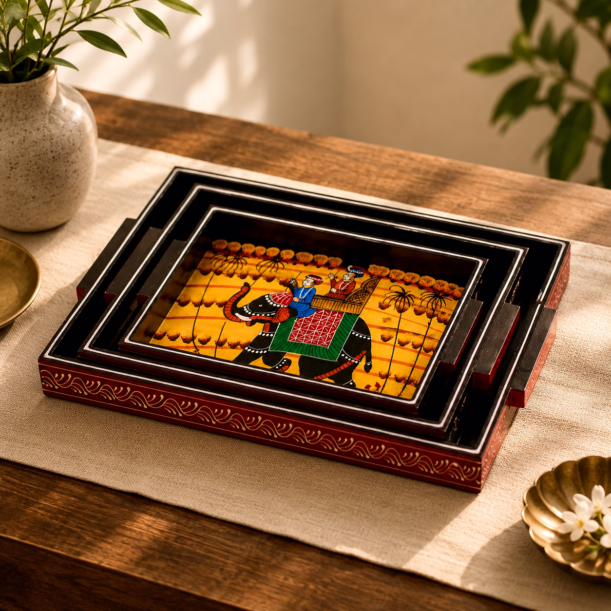 Handcrafted Wooden Serving Tray Set of 3 | Traditional Elephant Artwork Trays | Decorative Tableware & Home Decor Collection image 5