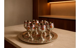 Handcrafted Brass Wine Glass Set with Serving Tray