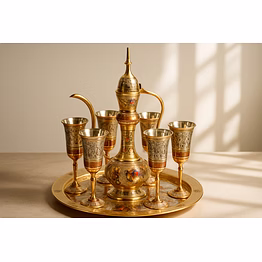 handcrafted brass wine glass set with tray & aftaba (serving jug)