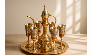 Handcrafted Brass Wine Glass Set with Tray & Aftaba (Serving Jug)