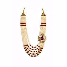men’s wedding pearl mala with mehroon stone brooch | royal dulha haar for sherwani