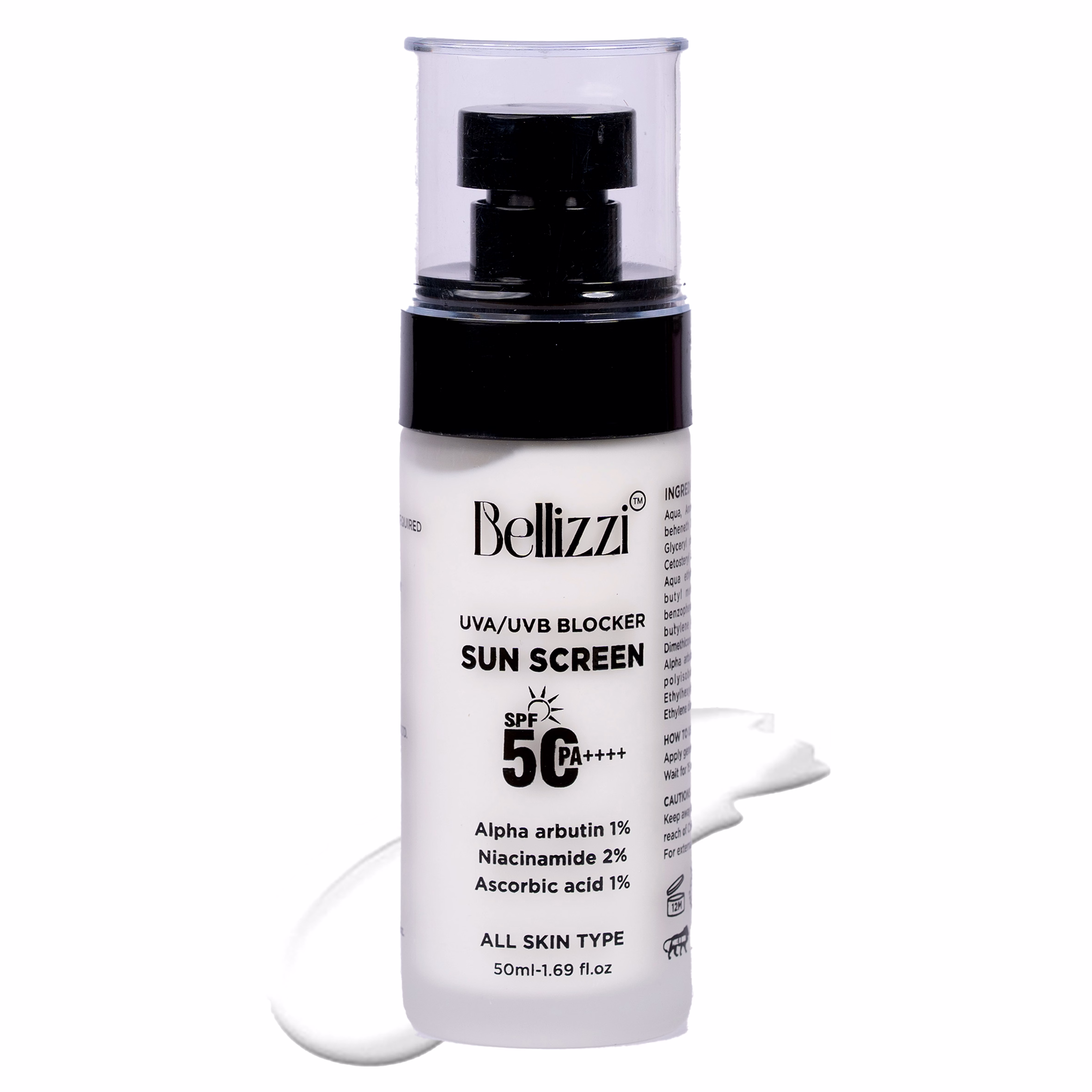 bellizzi spf 50 pa++++ sunscreen lotion | broad spectrum uva and uvb protection | with niacinamide, alpha arbutin as well as ascorbic acid | lightweight, no white cast | for all skin types | 50 ml