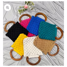macrama bag; 1.dimensions: each piece measures exactly 10 x 10 inches.2.weight: the average weight is approximately 500 grams per bag.3.body material: hand-woven entirely using reinforced cotton macrame yarn.4.structural featuresergonomic handles: fixed with rigid, semi-circular d-shaped wooden rings for handheld transport.5.weave style: utilizes an interconnected mesh weave pattern forming an open-work lattice.6.profile geometry: features a flat, square envelope layout with clean, straight bord