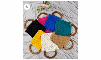 Macrama Bag; 1.Dimensions: Each piece measures exactly 10 x 10 inches.2.Weight: The average weight is approximately 500 grams per bag.3.Body Material: Hand-woven entirely using reinforced cotton macrame yarn.4.Structural FeaturesErgonomic Handles: Fixed with rigid, semi-circular D-shaped wooden rings for handheld transport.5.Weave Style: Utilizes an interconnected mesh weave pattern forming an open-work lattice.6.Profile Geometry: Features a flat, square envelope layout with clean, straight bord