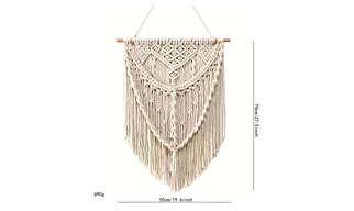 Macrama Wall Hanging; 1.Natural Materials: Made with eco-friendly cotton cord and a sturdy wooden dowel. 2.Optimal Dimensions: Measures 50 cm (19.6 inches) wide by 70 cm (27.5 inches) long.