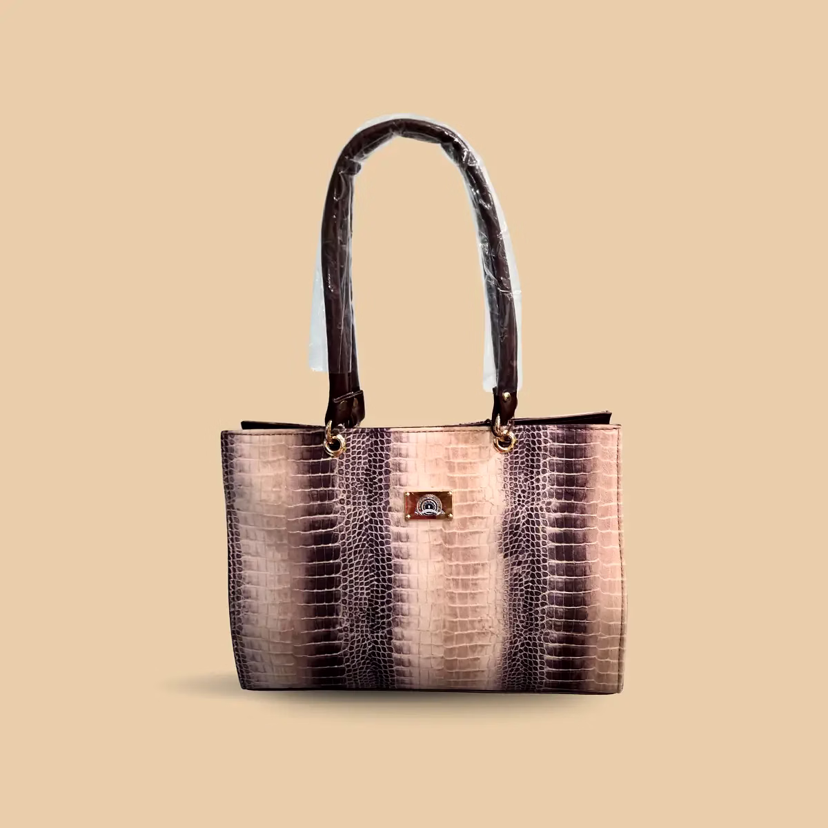 luxe women’s ombre croc-embossed tote bag – stylish faux leather shoulder handbag with dual handles – beige & brown