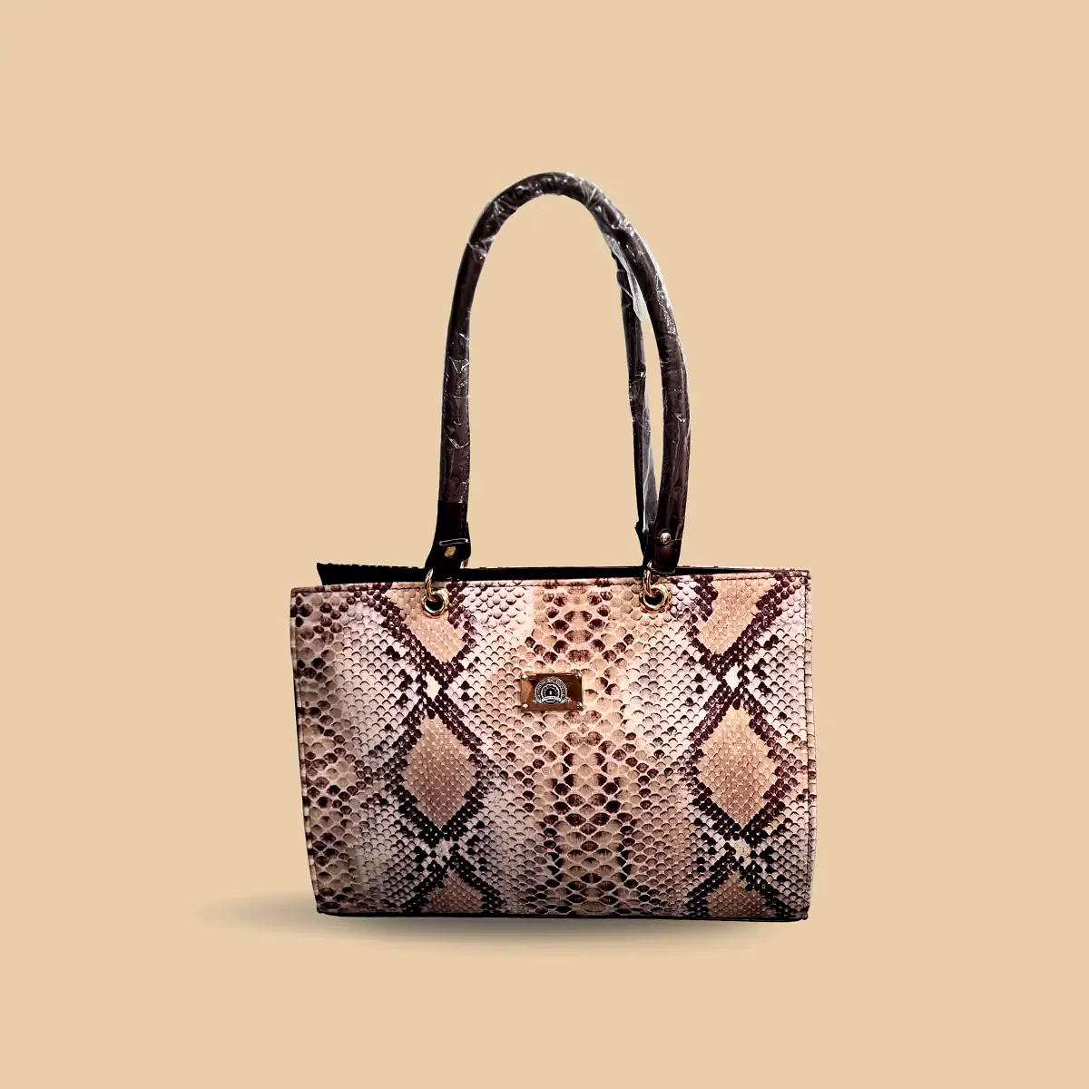 luxe women’s exotic snakeskin print tote – sophisticated faux leather shoulder bag with diamond scale pattern – beige & brown