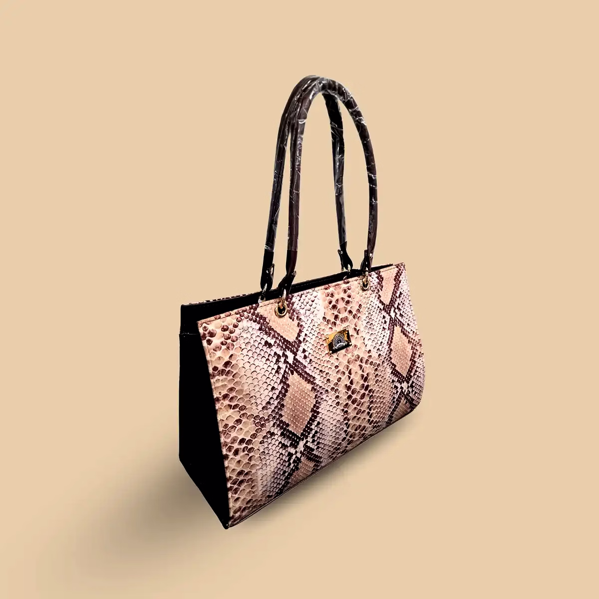 LUXE Women’s Exotic Snakeskin Print Tote – Sophisticated Faux Leather Shoulder Bag with Diamond Scale Pattern – Beige & Brown image 2