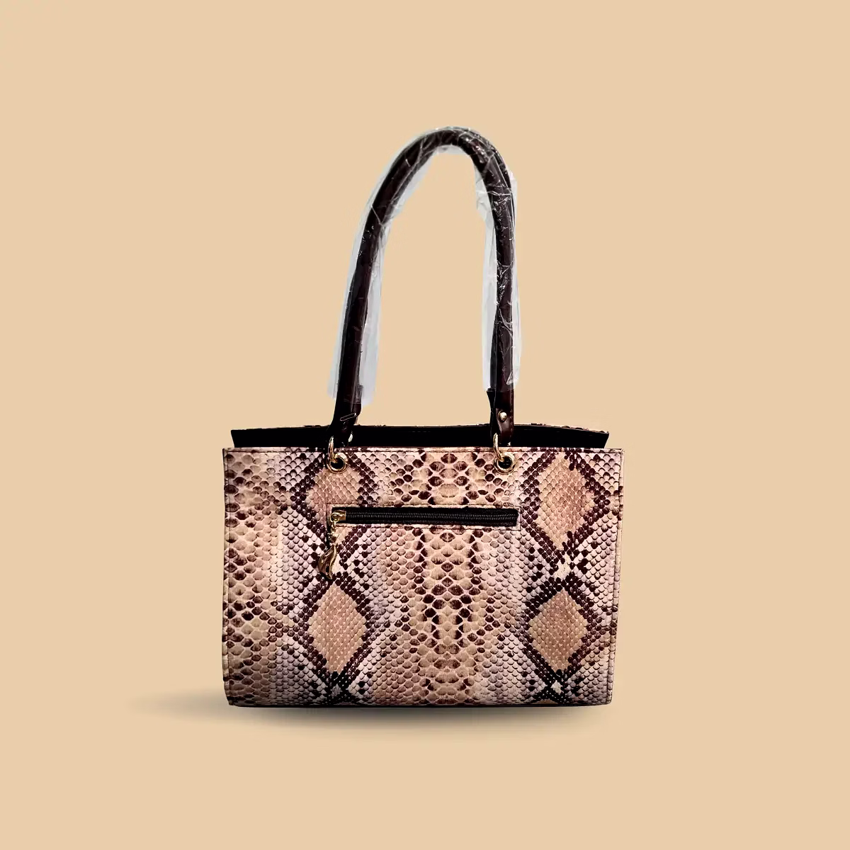 LUXE Women’s Exotic Snakeskin Print Tote – Sophisticated Faux Leather Shoulder Bag with Diamond Scale Pattern – Beige & Brown image 3