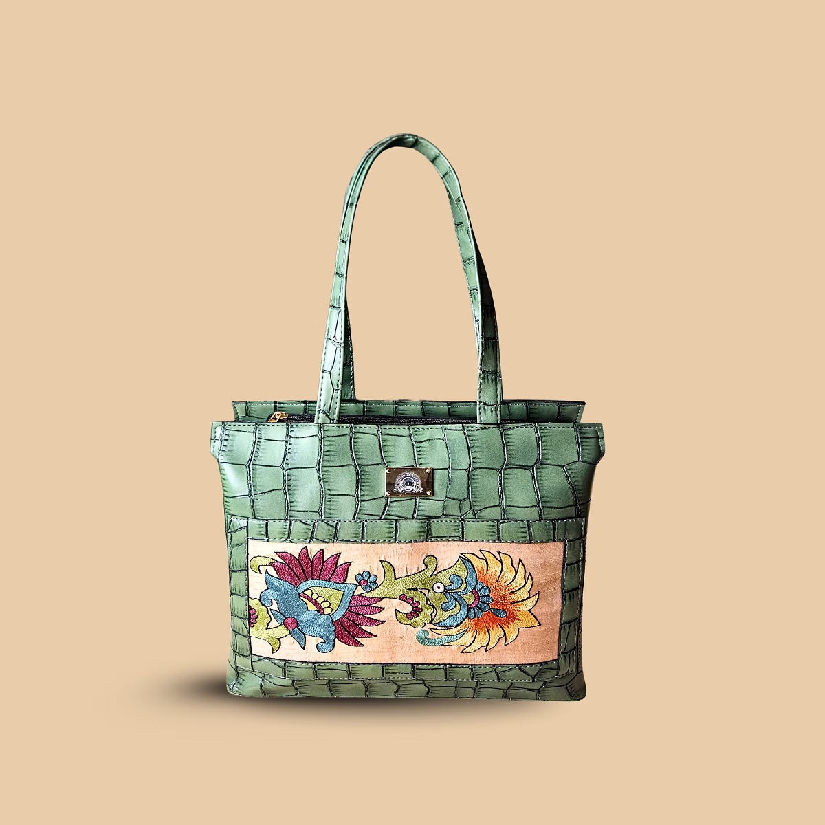 earthly artisan sage green croc-textured tote – hand-painted botanical motif shoulder bag with premium vegan leather straps