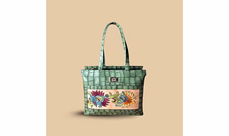 Earthly Artisan Sage Green Croc-Textured Tote – Hand-Painted Botanical Motif Shoulder Bag with Premium Vegan Leather Straps
