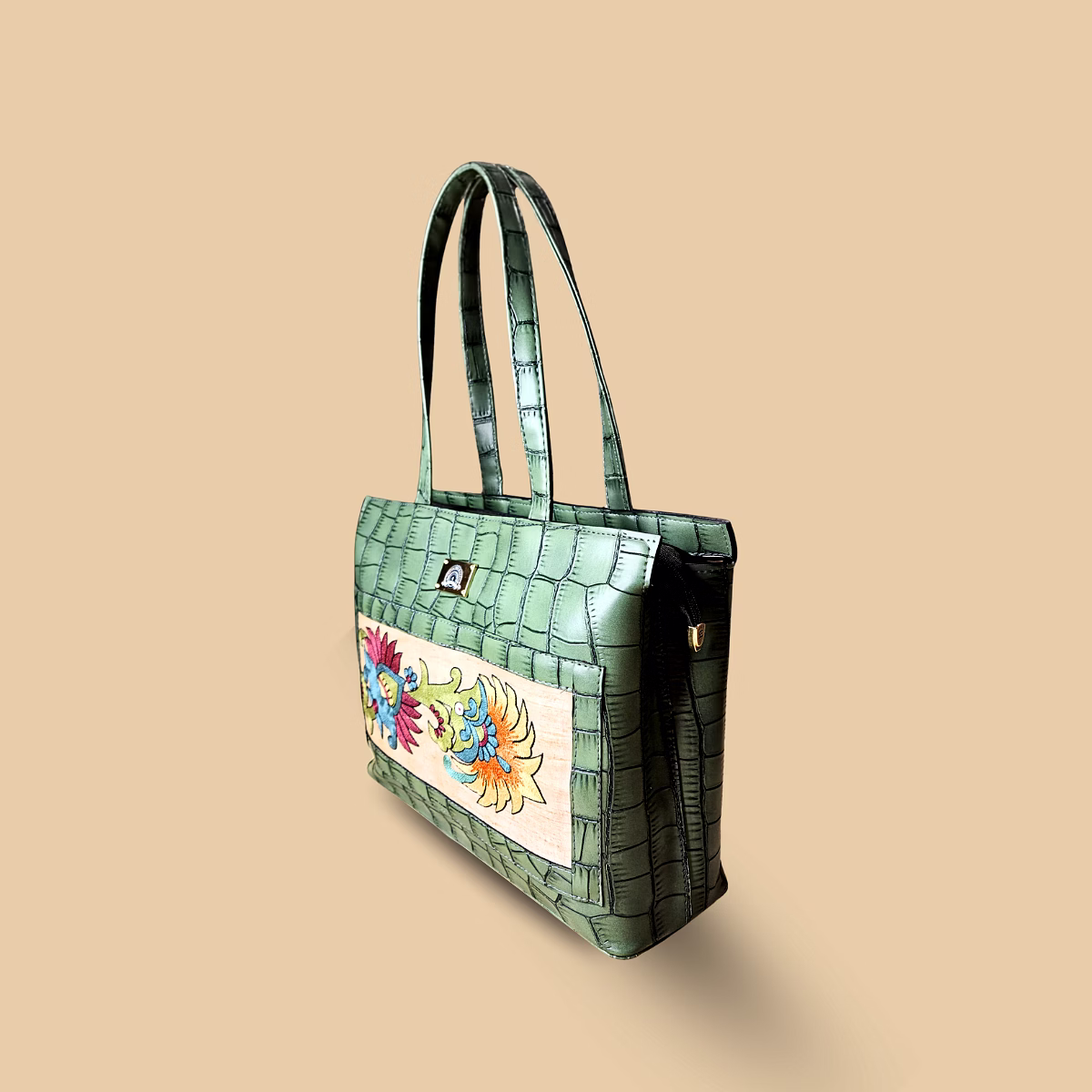 Earthly Artisan Sage Green Croc-Textured Tote – Hand-Painted Botanical Motif Shoulder Bag with Premium Vegan Leather Straps image 2