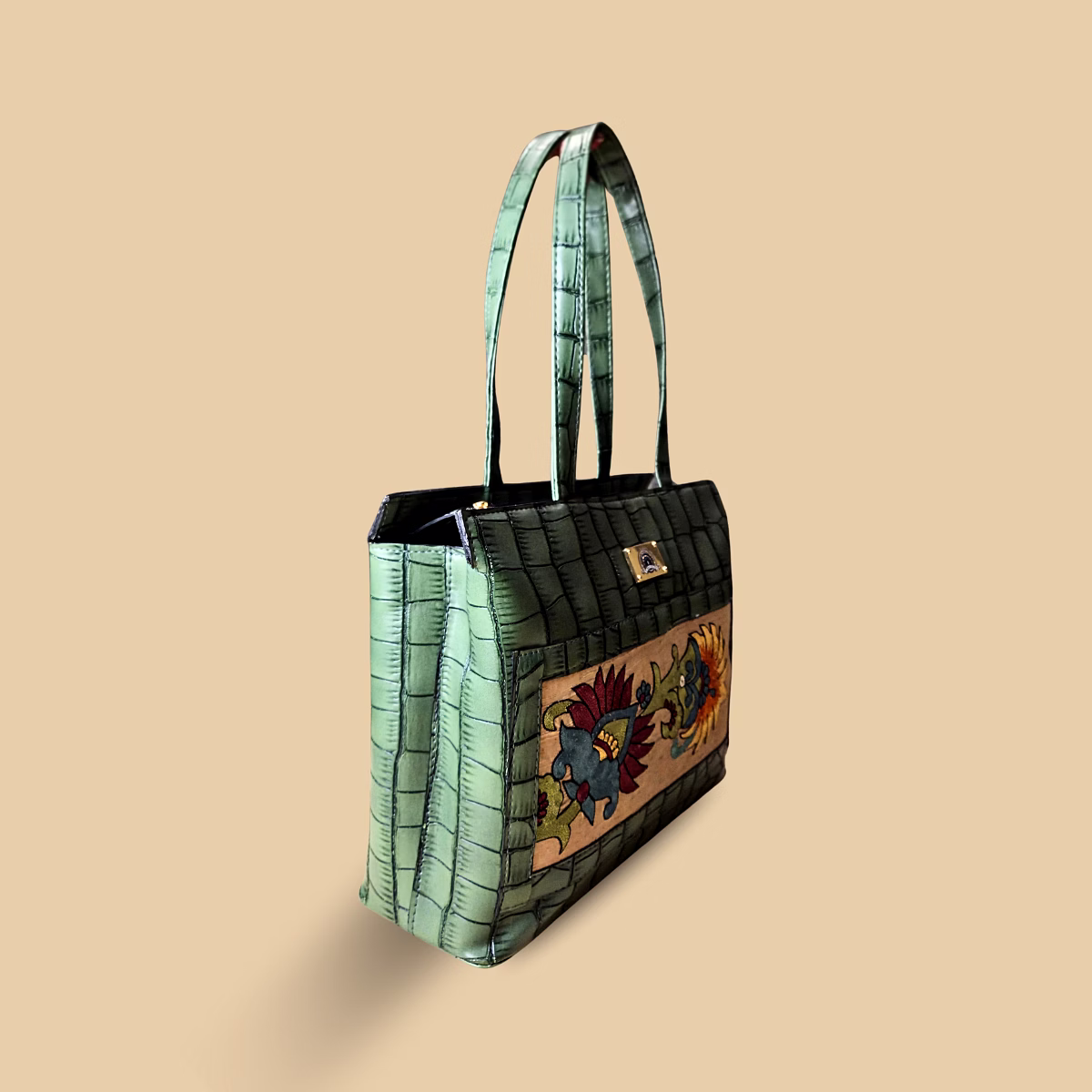 Earthly Artisan Sage Green Croc-Textured Tote – Hand-Painted Botanical Motif Shoulder Bag with Premium Vegan Leather Straps image 3