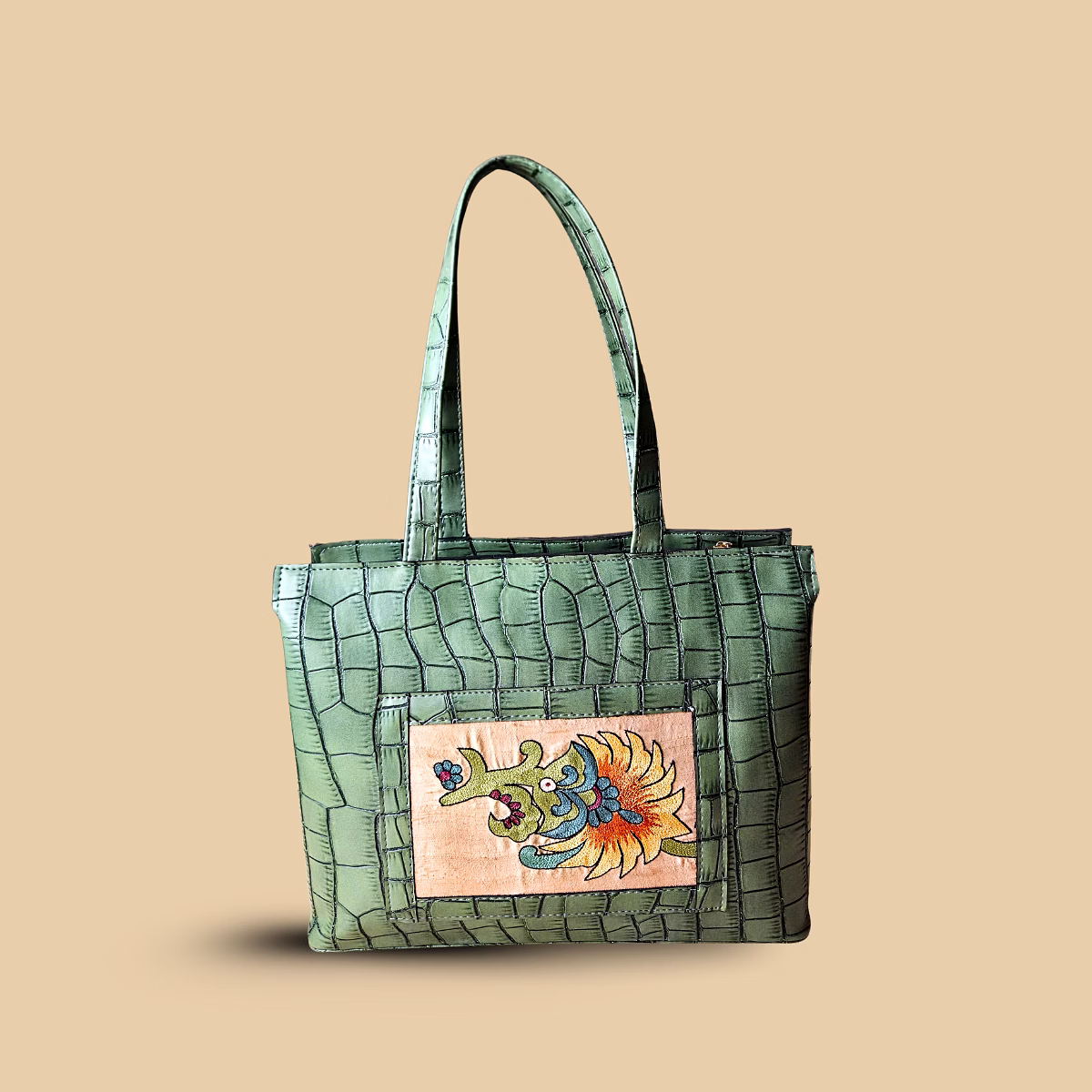 Earthly Artisan Sage Green Croc-Textured Tote – Hand-Painted Botanical Motif Shoulder Bag with Premium Vegan Leather Straps image 4