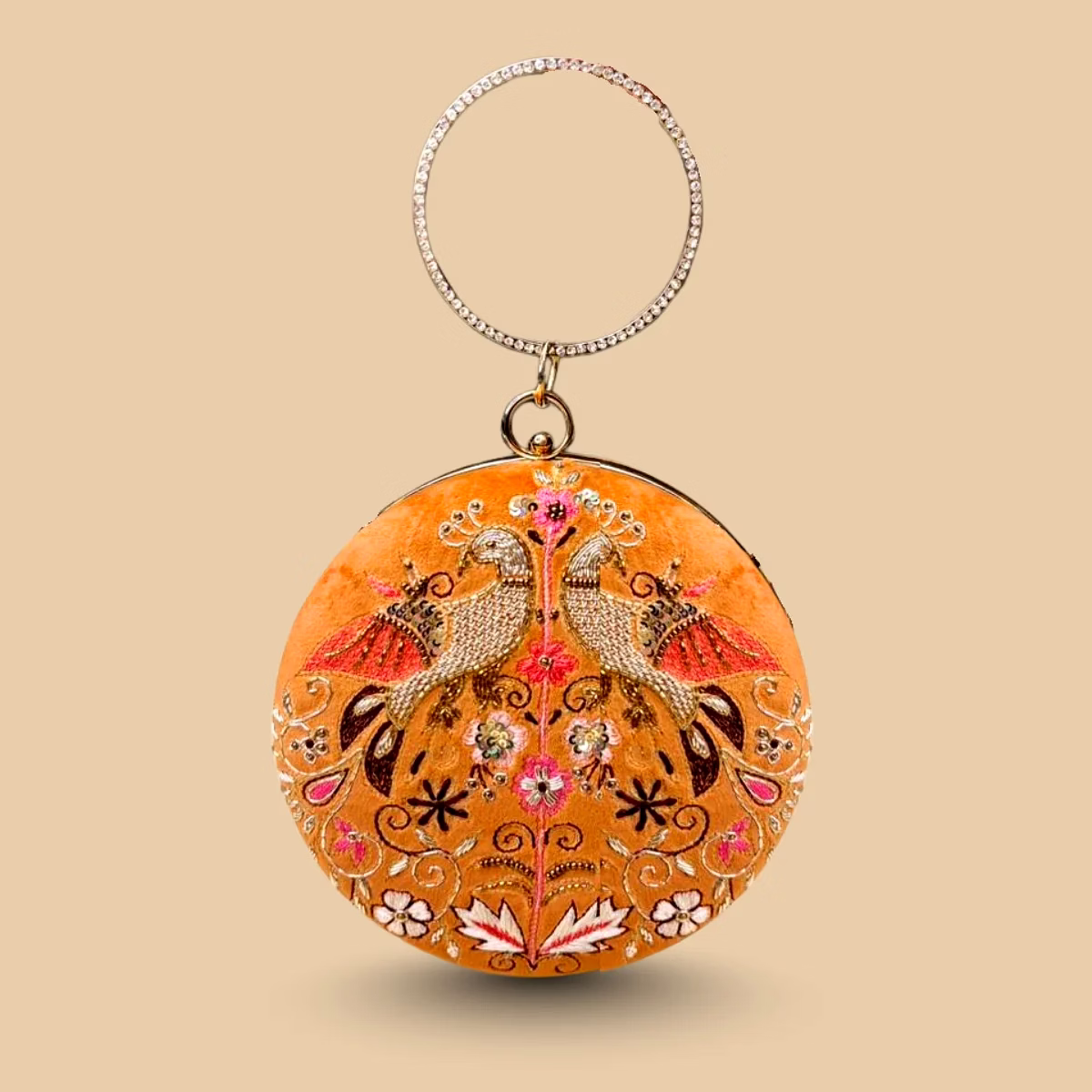 Royal Avian Amber Orange Velvet Potli Clutch – Hand-Embroidered Peacock Purse with Crystal Ring Handle and Gold Chain image 2