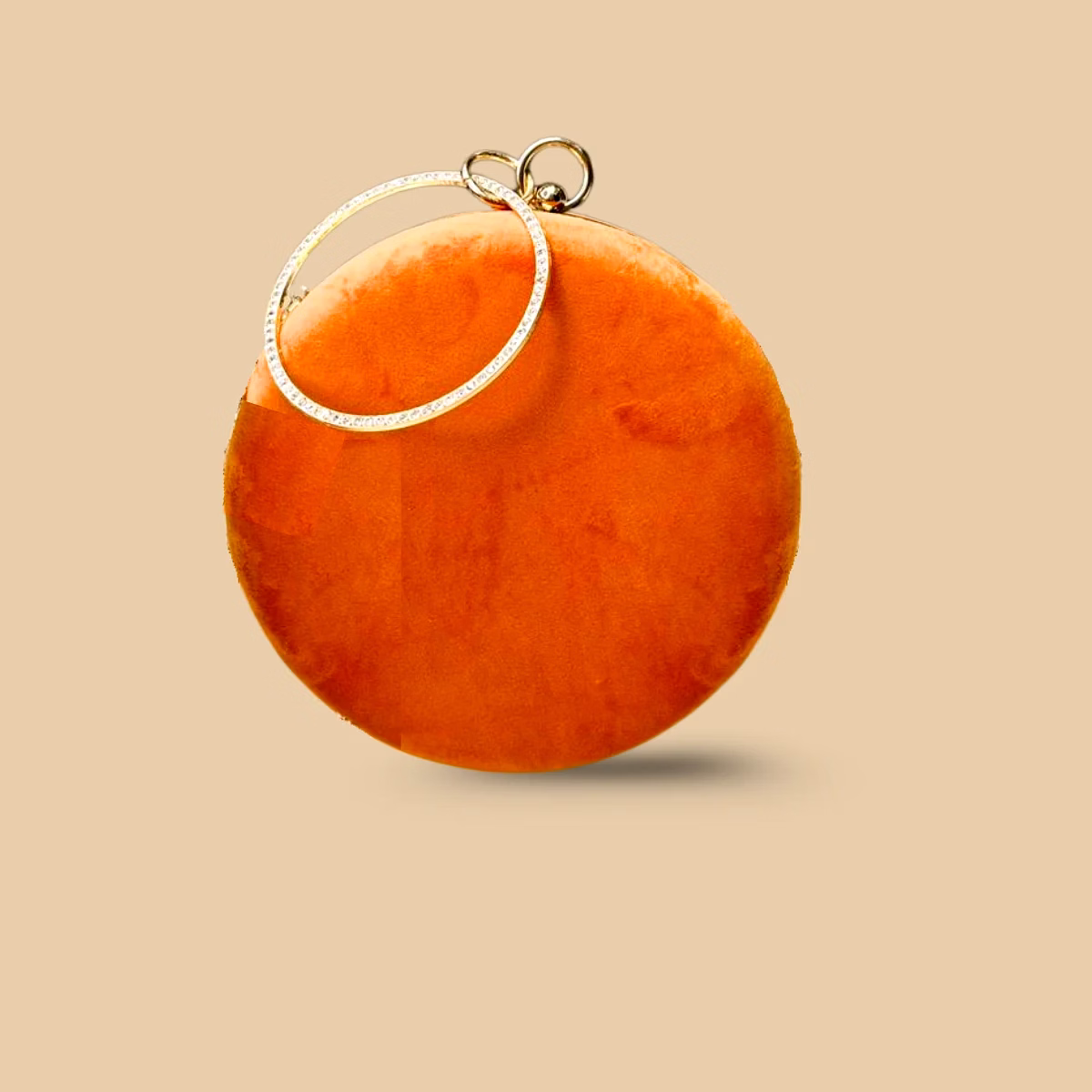 Royal Avian Amber Orange Velvet Potli Clutch – Hand-Embroidered Peacock Purse with Crystal Ring Handle and Gold Chain image 3