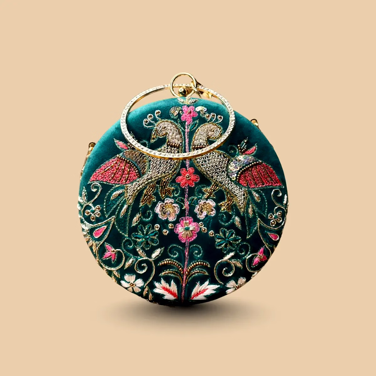 royal emerald teal velvet potli clutch – hand-embroidered peacock purse with crystal ring handle and gold chain