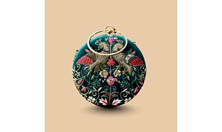 Royal Emerald Teal Velvet Potli Clutch – Hand-Embroidered Peacock Purse with Crystal Ring Handle and Gold Chain