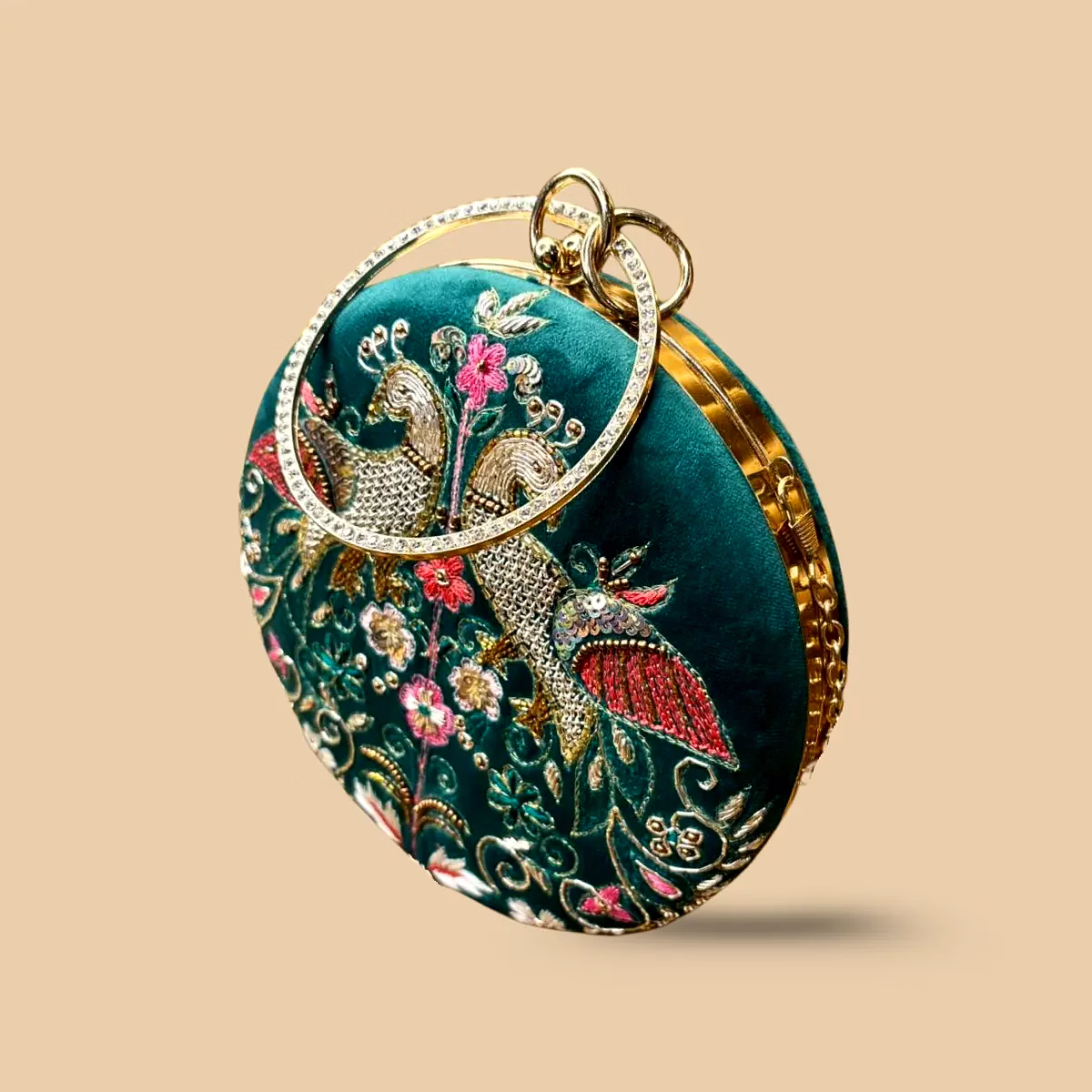 Royal Emerald Teal Velvet Potli Clutch – Hand-Embroidered Peacock Purse with Crystal Ring Handle and Gold Chain image 2