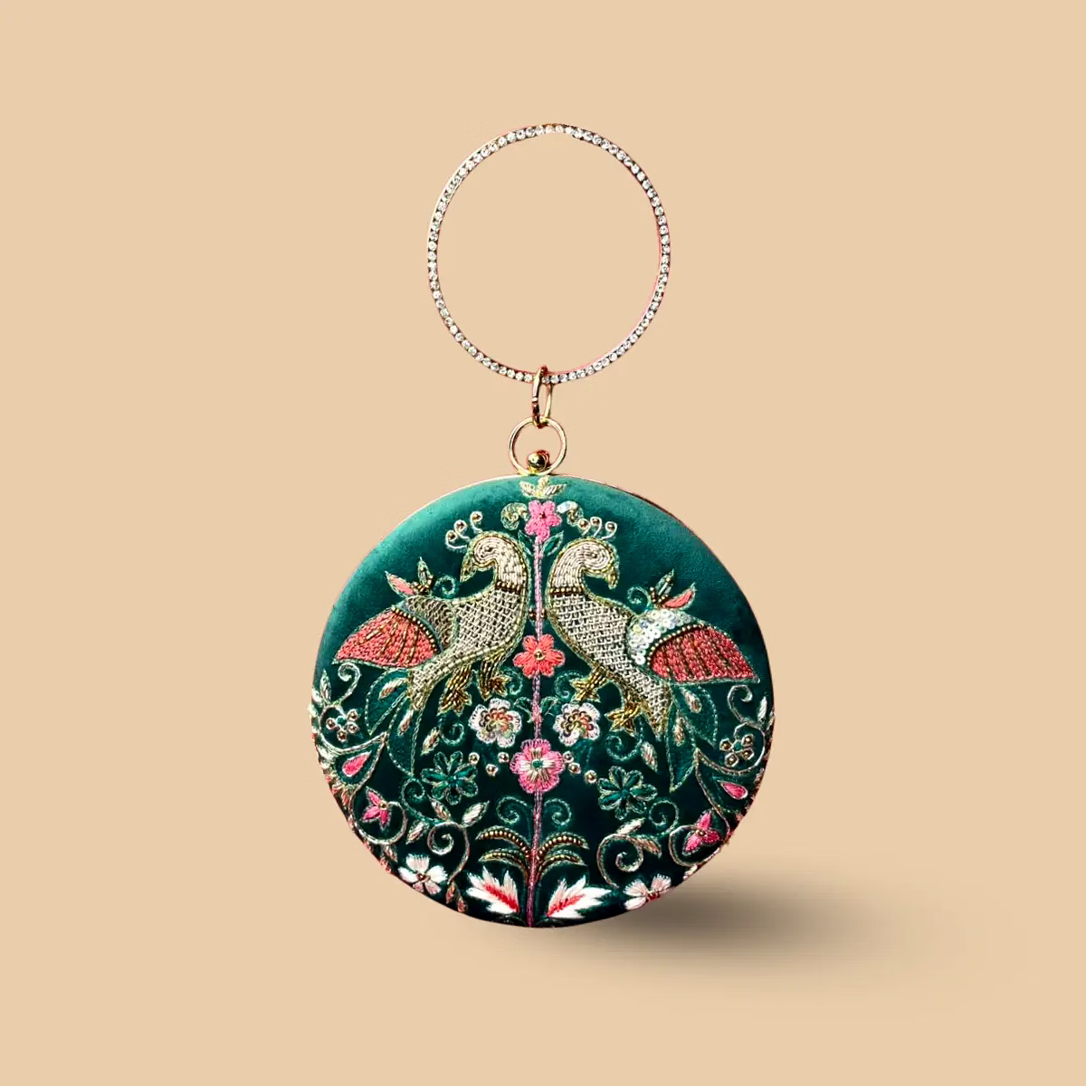 Royal Emerald Teal Velvet Potli Clutch – Hand-Embroidered Peacock Purse with Crystal Ring Handle and Gold Chain image 3