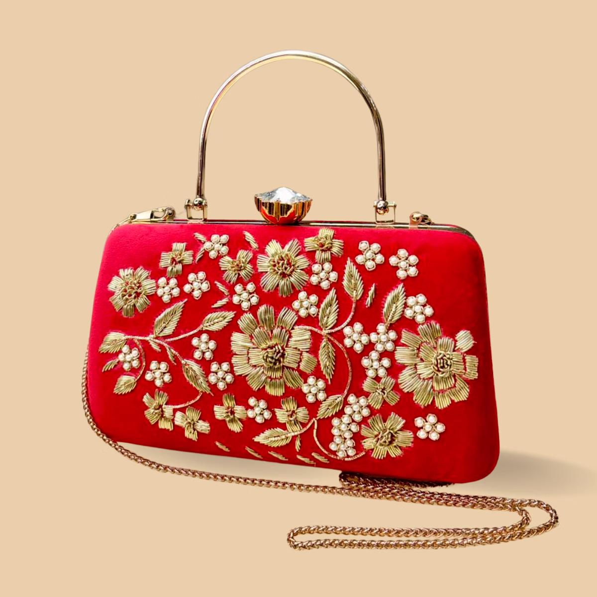 royal heritage crimson velvet bridal clutch – hand-embroidered gold zardozi floral purse with pearl accents and detachable chain