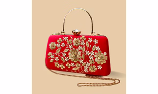 Royal Heritage Crimson Velvet Bridal Clutch – Hand-Embroidered Gold Zardozi Floral Purse with Pearl Accents and Detachable Chain