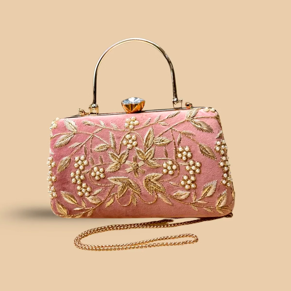 rose garden blush pink velvet evening clutch – hand-embroidered gold vine purse with pearl clusters and crystal clasp