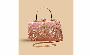 Rose Garden Blush Pink Velvet Evening Clutch – Hand-Embroidered Gold Vine Purse with Pearl Clusters and Crystal Clasp