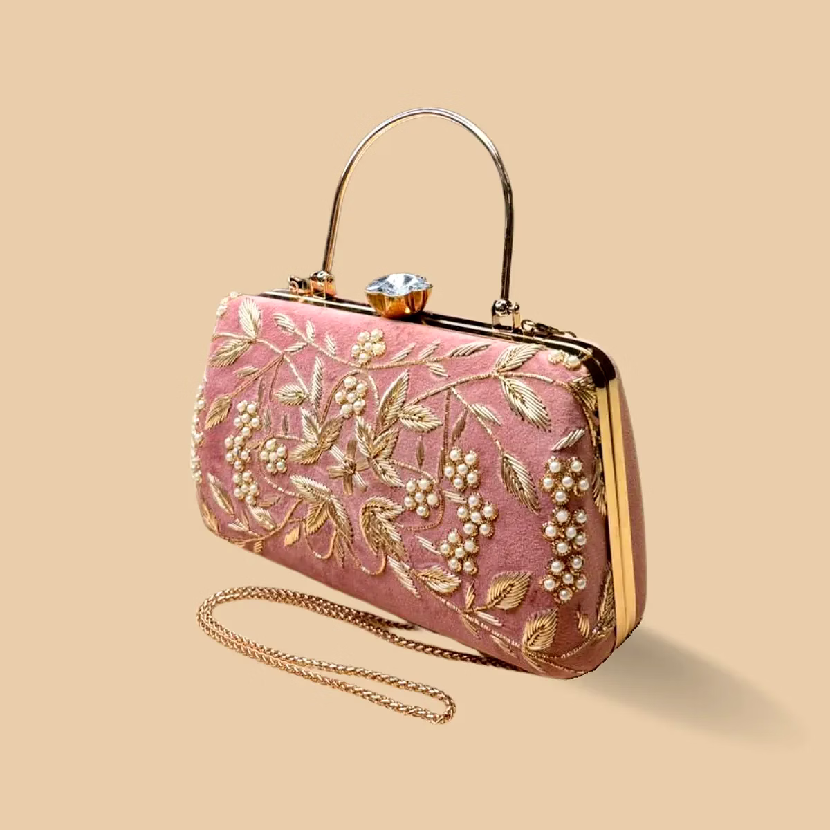 Rose Garden Blush Pink Velvet Evening Clutch – Hand-Embroidered Gold Vine Purse with Pearl Clusters and Crystal Clasp image 2