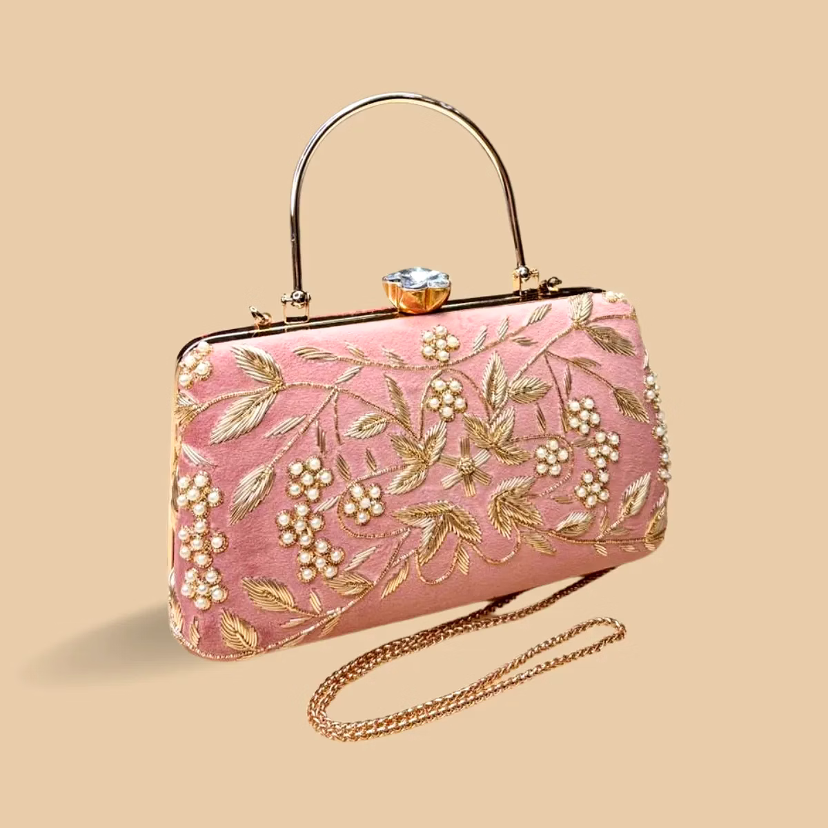 Rose Garden Blush Pink Velvet Evening Clutch – Hand-Embroidered Gold Vine Purse with Pearl Clusters and Crystal Clasp image 3