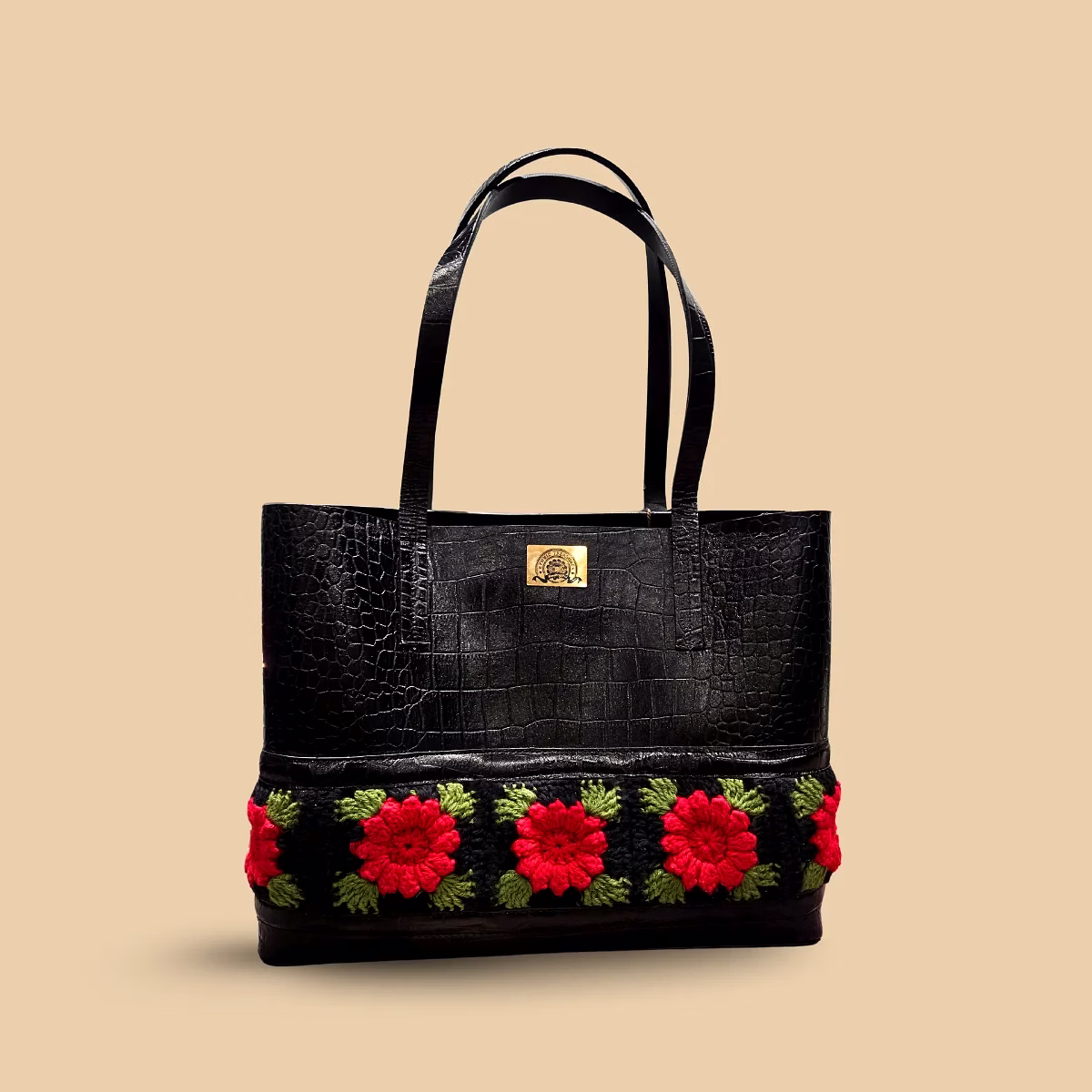 bold black -crocodile tote with red crochet rose border – textured pure leather handbag with 3d artisan accents