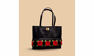 Bold Black -Crocodile Tote with Red Crochet Rose Border – Textured pure Leather Handbag with 3D Artisan Accents