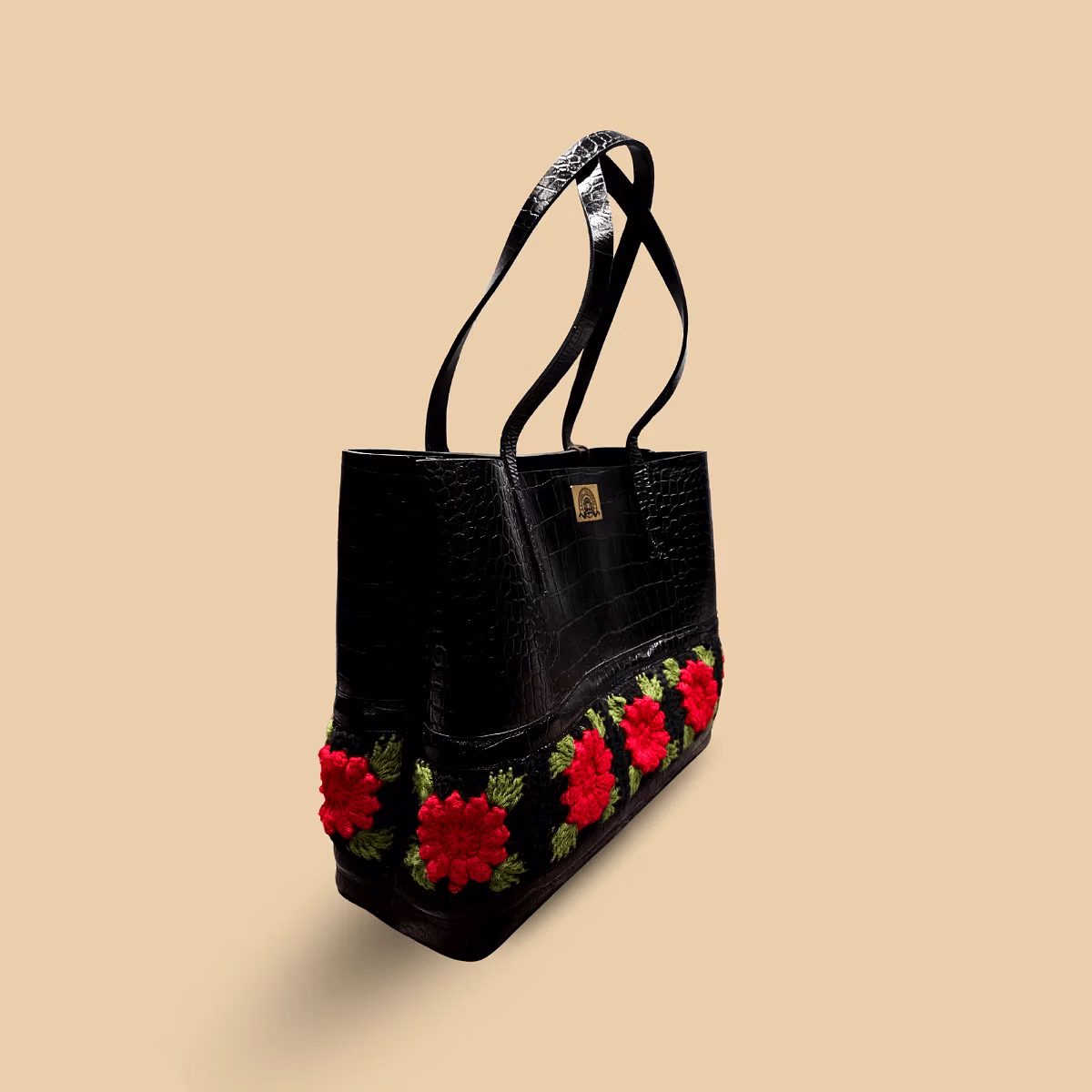 Bold Black -Crocodile Tote with Red Crochet Rose Border – Textured pure Leather Handbag with 3D Artisan Accents image 2