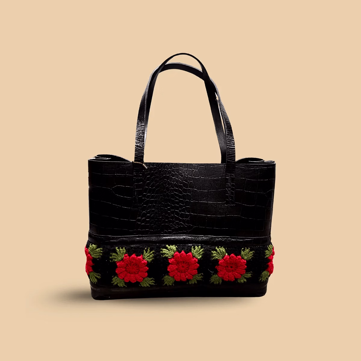 Bold Black -Crocodile Tote with Red Crochet Rose Border – Textured pure Leather Handbag with 3D Artisan Accents image 3