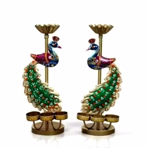 peacock tealight holder pair – hand-painted folk art