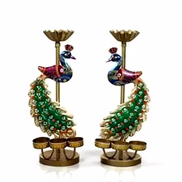 peacock tealight holder pair – hand-painted folk art