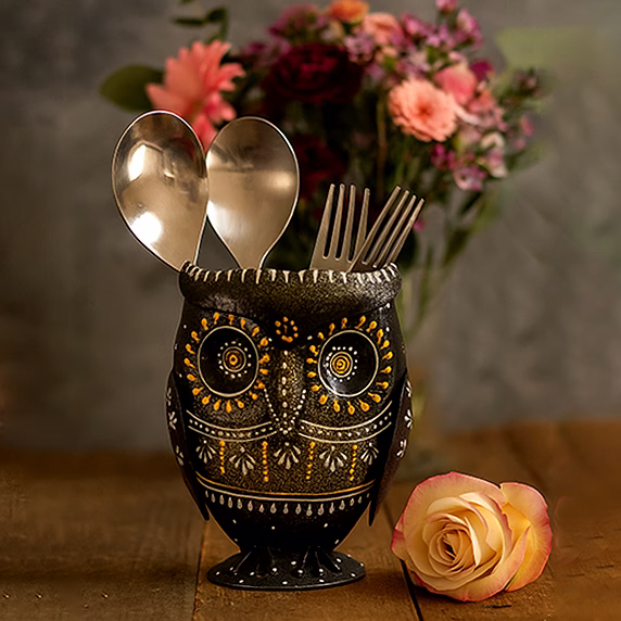 owl pen stand – whimsical folk art desk organiser