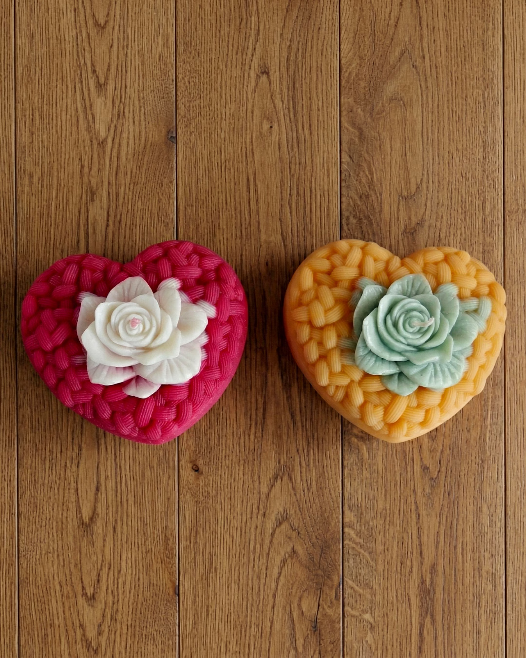 blossom heart woven candles – set of 2 floral heart candles