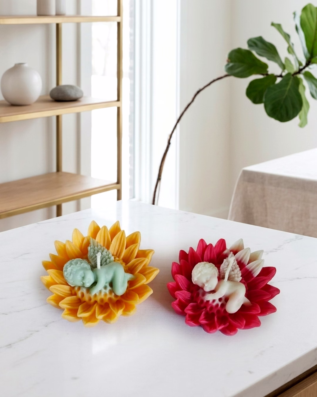 sunflower angel nest candles: set of 2 sleeping angel flower candles