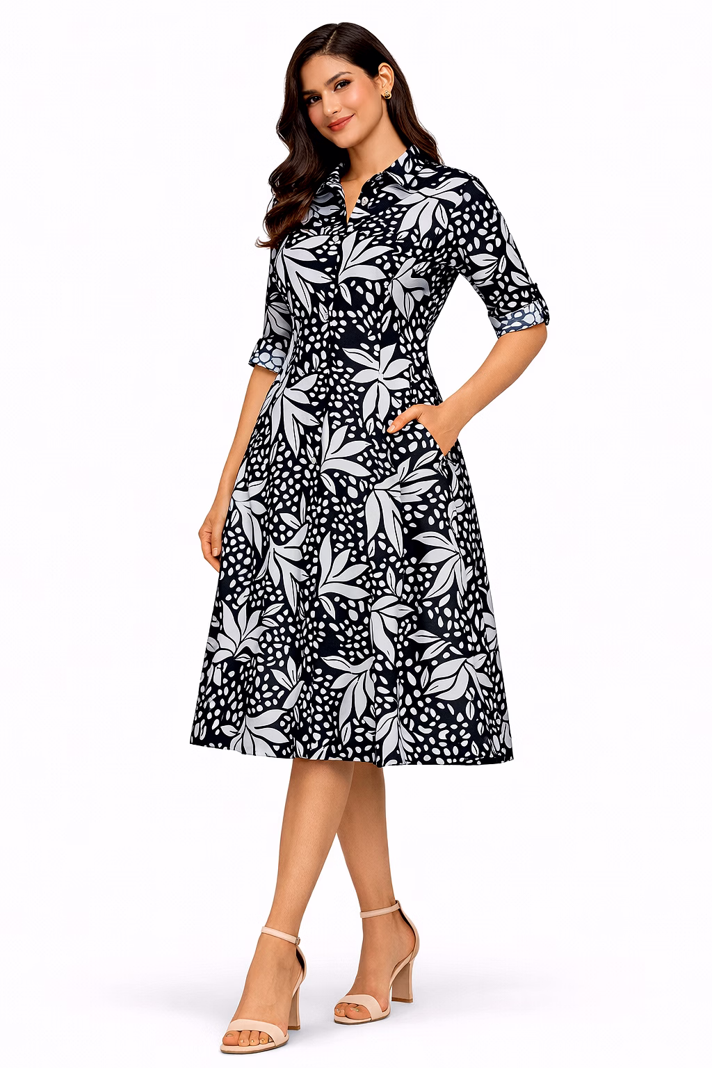 Women Floral A-Line Midi Length Dress Full Sleeve Collared Neck with Pockets Casual Wear image 1