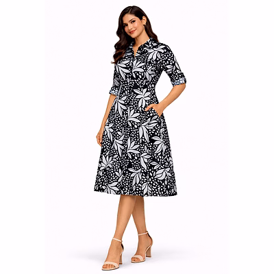 women floral a-line midi length dress full sleeve collared neck with pockets casual wear