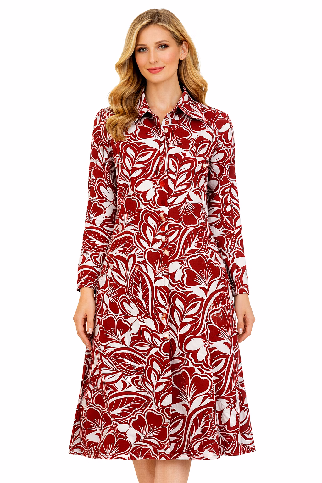 Women Floral A-Line Midi Length Dress Full Sleeve Collared Neck with Pockets Casual Wear image 3