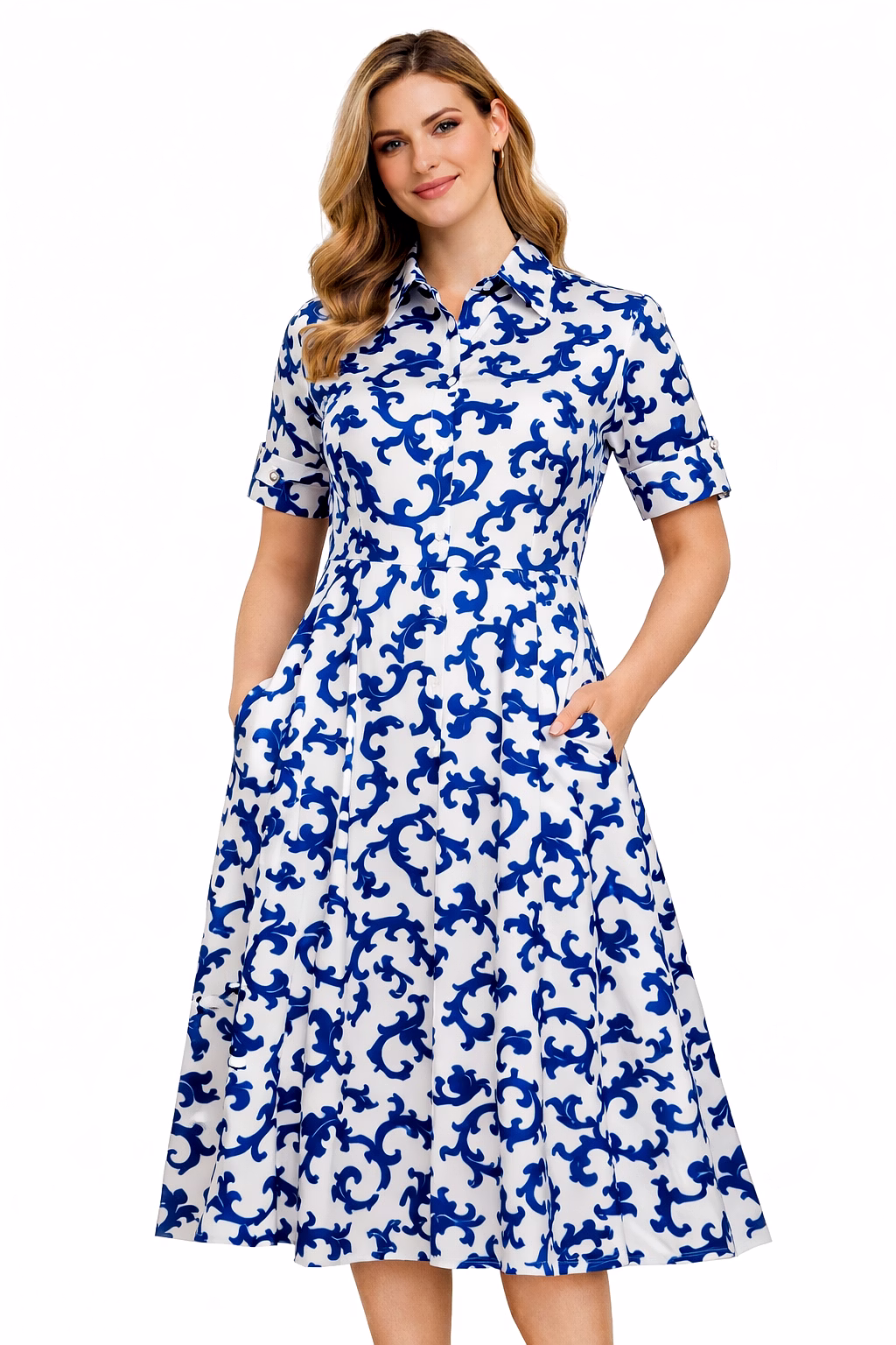 Women Floral A-Line Midi Length Dress Full Sleeve Collared Neck with Pockets Casual Wear image 4
