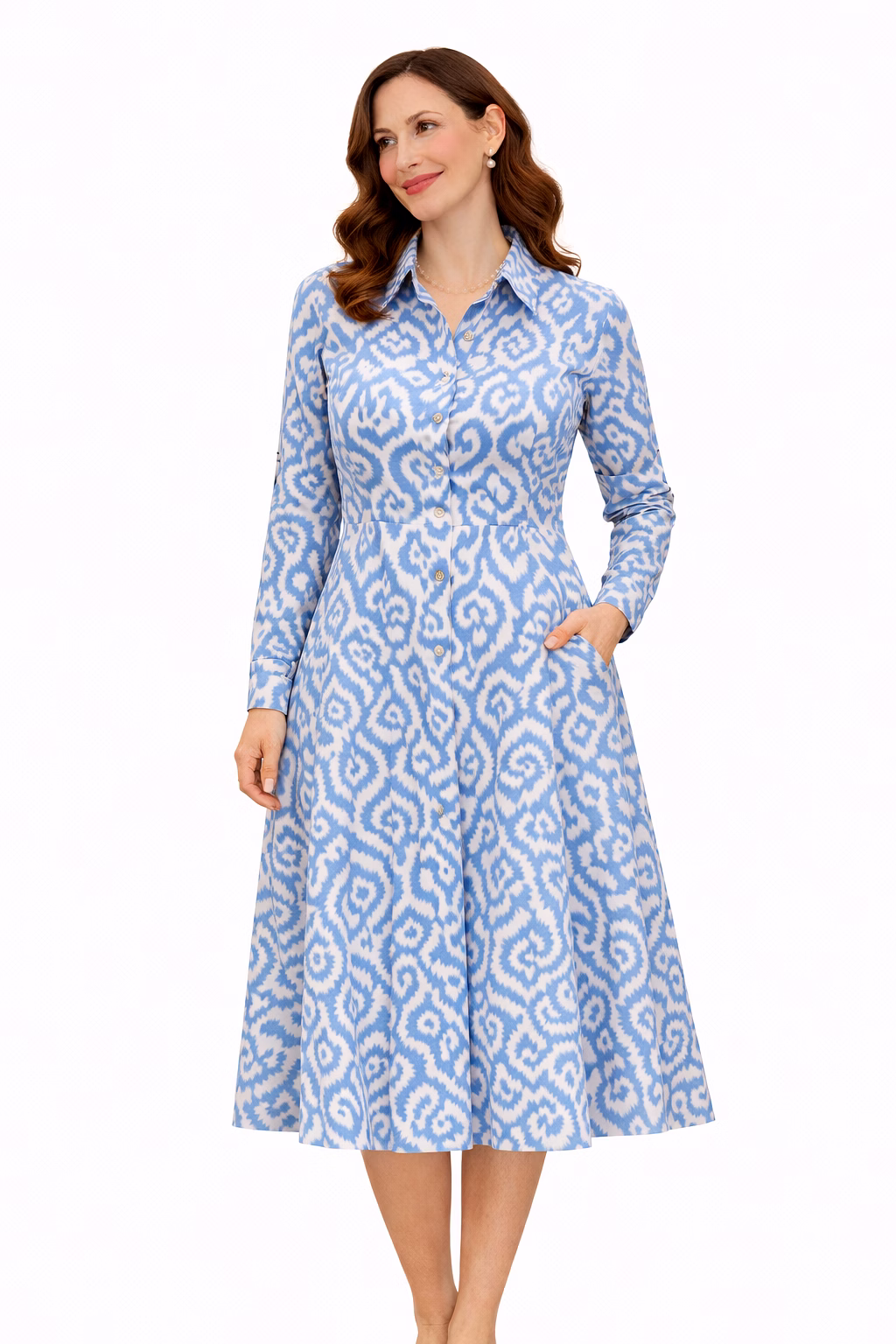Women Floral A-Line Midi Length Dress Full Sleeve Collared Neck with Pockets Casual Wear image 5