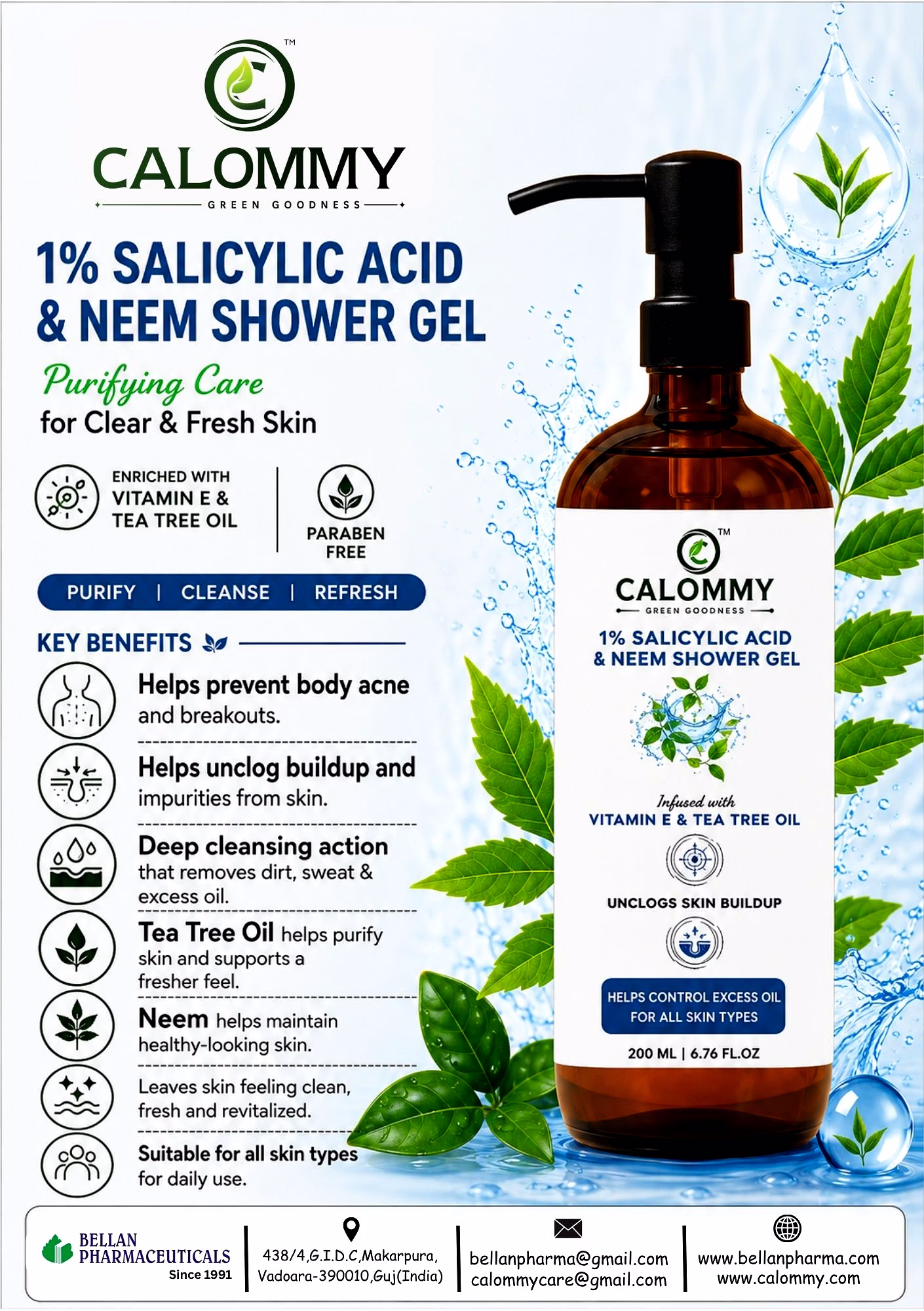 Calommy 1% Salicylic acid & Neem Shower Gel image 3