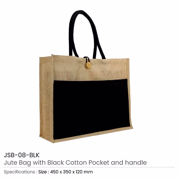 jute bag with black cotton pocket and handle